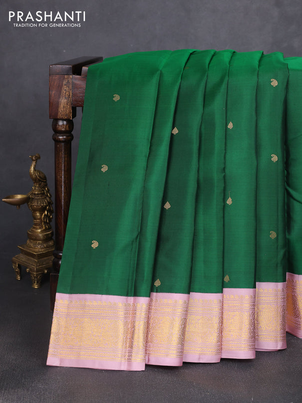 Pure kanchipuram silk saree green and pastel pink with zari woven buttas and rich zari woven korvai border