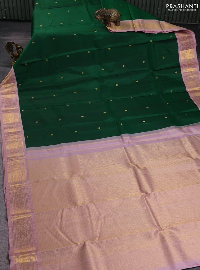 Pure kanchipuram silk saree green and pastel pink with zari woven buttas and rich zari woven korvai border