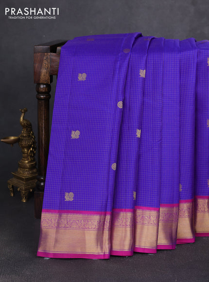 Pure kanchipuram silk saree royal blue and purple with allover small zari checks & buttas and zari woven border