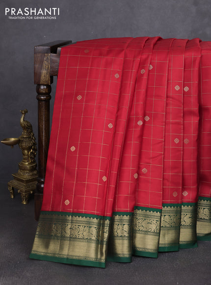 Pure kanchipuram silk saree red and dark green with allover zari checks & buttas and zari woven korvai border