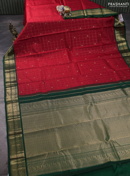 Pure kanchipuram silk saree red and dark green with allover zari checks & buttas and zari woven korvai border
