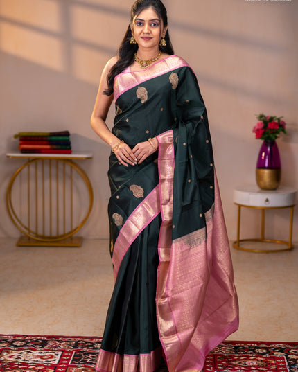 Pure kanchipuram silk saree bottle green and pastel pink with zari woven buttas and rich zari woven korvai border