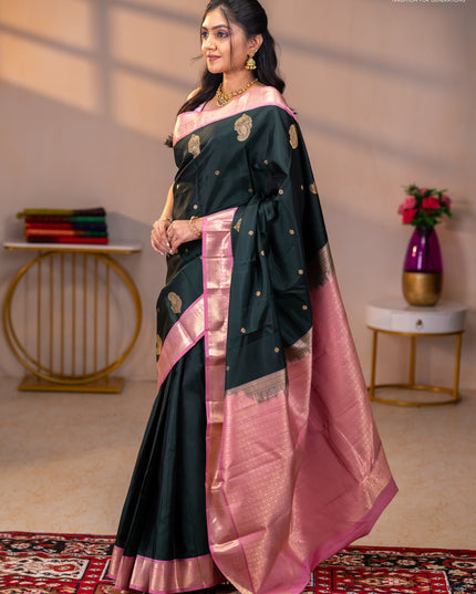 Pure kanchipuram silk saree bottle green and pastel pink with zari woven buttas and rich zari woven korvai border