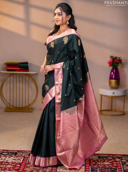 Pure kanchipuram silk saree bottle green and pastel pink with zari woven buttas and rich zari woven korvai border