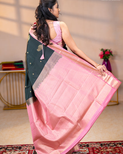 Pure kanchipuram silk saree bottle green and pastel pink with zari woven buttas and rich zari woven korvai border