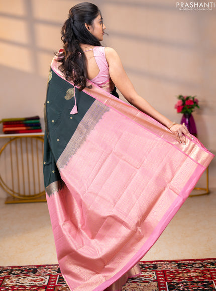 Pure kanchipuram silk saree bottle green and pastel pink with zari woven buttas and rich zari woven korvai border