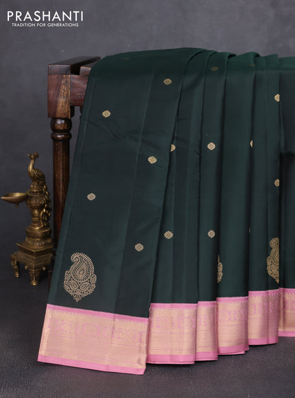 Pure kanchipuram silk saree bottle green and pastel pink with zari woven buttas and rich zari woven korvai border
