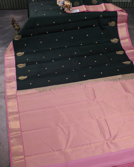 Pure kanchipuram silk saree bottle green and pastel pink with zari woven buttas and rich zari woven korvai border