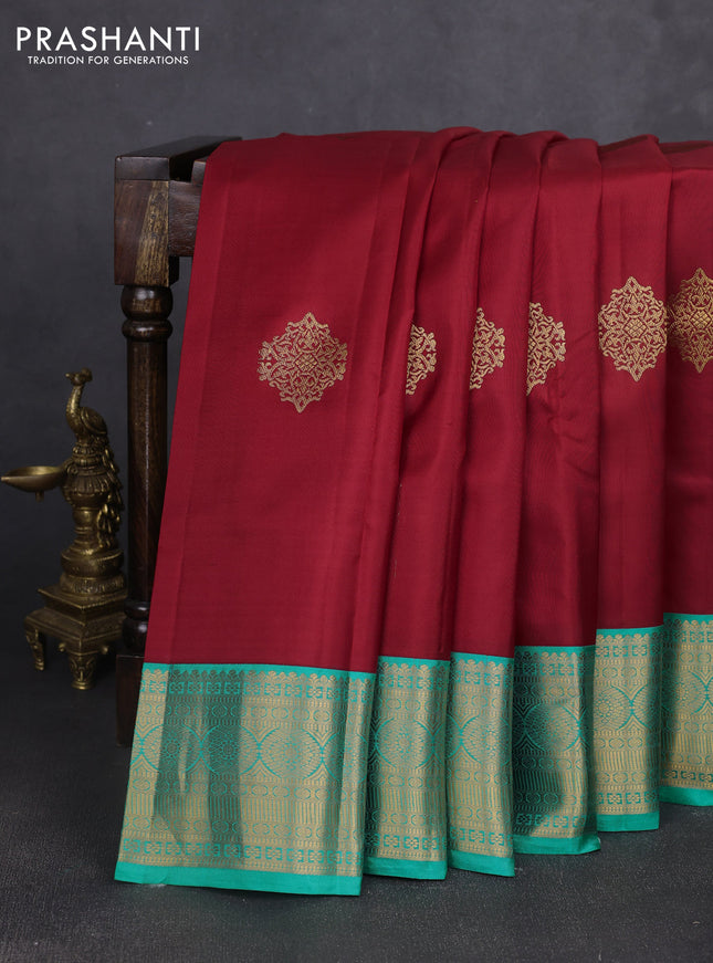 Pure kanchipuram silk saree red and teal blue with zari woven buttas and zari woven korvai border