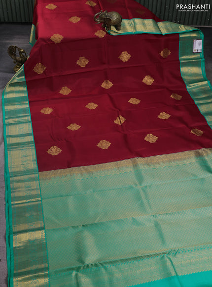 Pure kanchipuram silk saree red and teal blue with zari woven buttas and zari woven korvai border