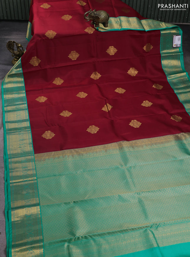 Pure kanchipuram silk saree red and teal blue with zari woven buttas and zari woven korvai border