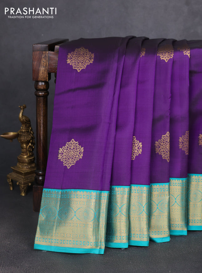 Pure kanchipuram silk saree violet and teal blue with zari woven buttas and zari woven korvai border