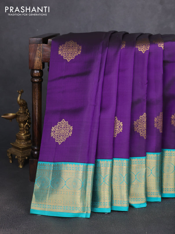 Pure kanchipuram silk saree violet and teal blue with zari woven buttas and zari woven korvai border