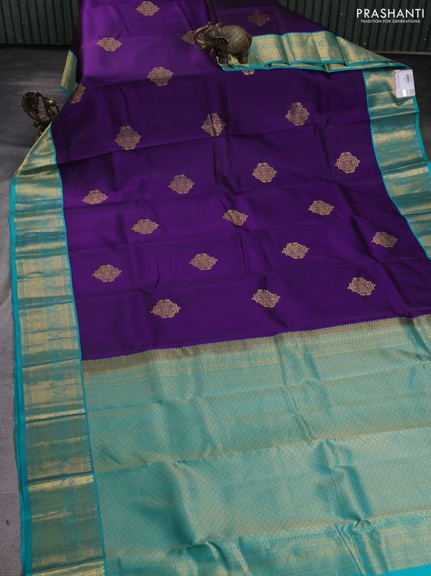 Pure kanchipuram silk saree violet and teal blue with zari woven buttas and zari woven korvai border