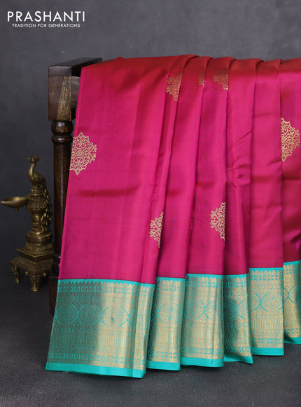 Pure kanchipuram silk saree pink and teal blue with zari woven buttas and zari woven korvai border