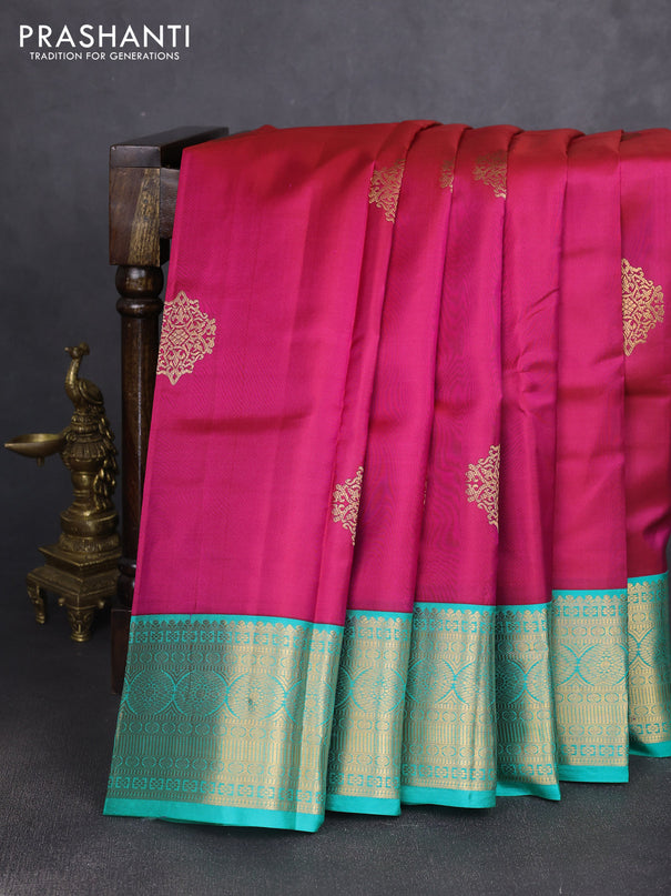 Pure kanchipuram silk saree pink and teal blue with zari woven buttas and zari woven korvai border