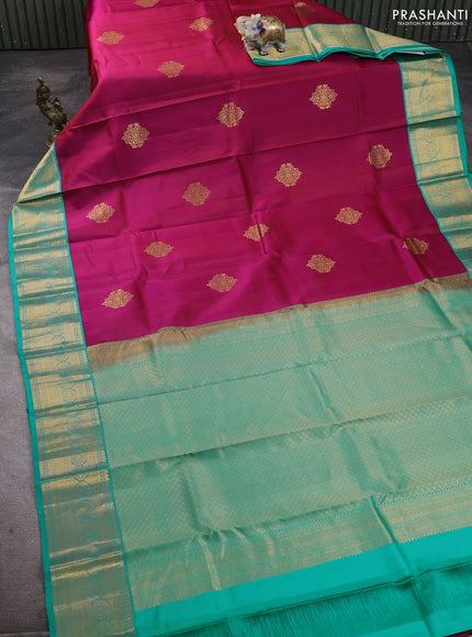 Pure kanchipuram silk saree pink and teal blue with zari woven buttas and zari woven korvai border