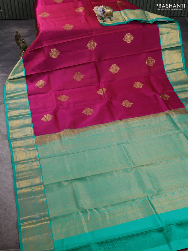 Pure kanchipuram silk saree pink and teal blue with zari woven buttas and zari woven korvai border