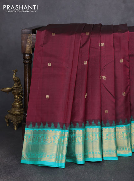Pure kanchipuram silk saree maroon and teal blue with zari woven buttas and temple design zari woven border