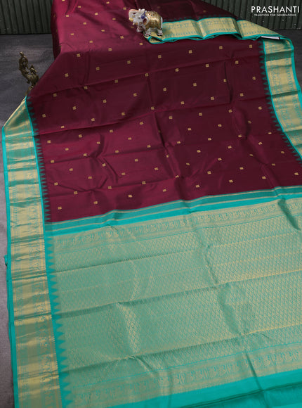 Pure kanchipuram silk saree maroon and teal blue with zari woven buttas and temple design zari woven border