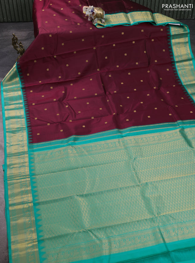 Pure kanchipuram silk saree maroon and teal blue with zari woven buttas and temple design zari woven border