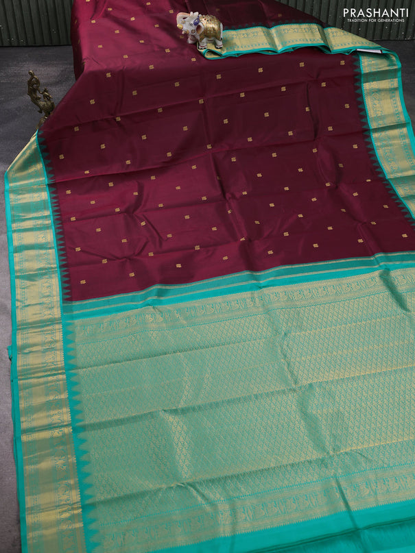 Pure kanchipuram silk saree maroon and teal blue with zari woven buttas and temple design zari woven border