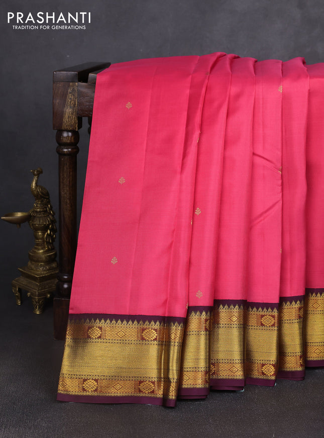 Pure kanchipuram silk saree pink and wine shade with zari woven buttas and zari woven korvai border