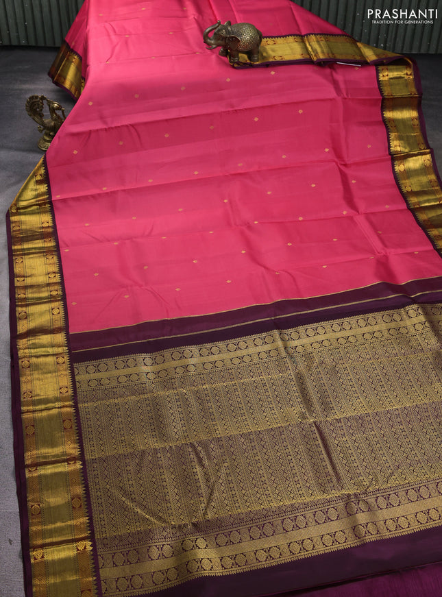 Pure kanchipuram silk saree pink and wine shade with zari woven buttas and zari woven korvai border