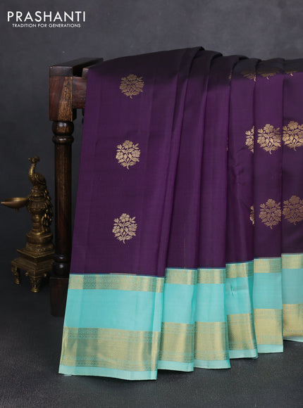 Pure kanchipuram silk saree deep purple and teal blue with zari woven buttas and rettapet zari woven border