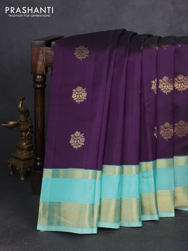 Pure kanchipuram silk saree deep purple and teal blue with zari woven buttas and rettapet zari woven border