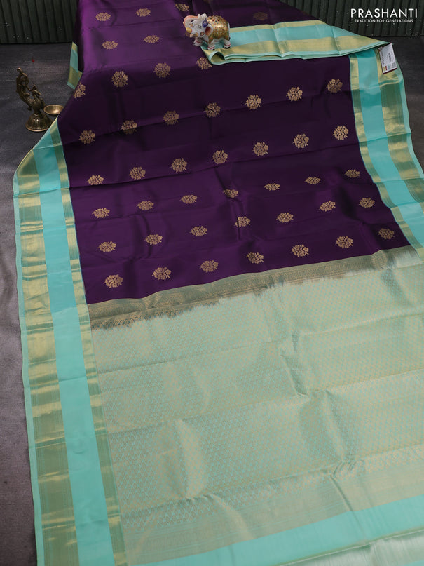 Pure kanchipuram silk saree deep purple and teal blue with zari woven buttas and rettapet zari woven border
