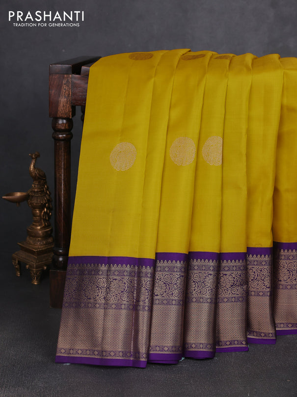 Pure kanchipuram silk saree lime yellow and violet with zari woven buttas and zari woven korvai border