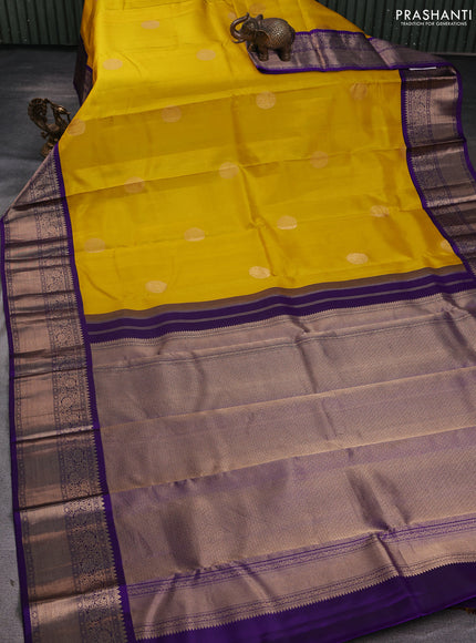 Pure kanchipuram silk saree lime yellow and violet with zari woven buttas and zari woven korvai border