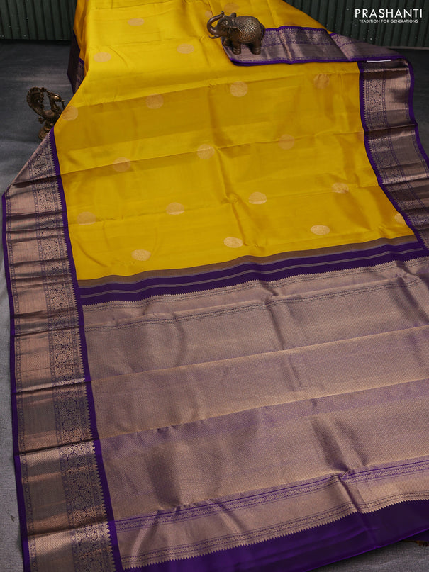 Pure kanchipuram silk saree lime yellow and violet with zari woven buttas and zari woven korvai border