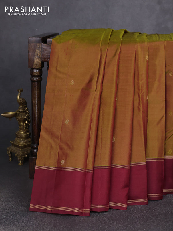 Pure kanchipuram silk saree manthulir green and maroon with zari woven buttas and rettapet zari woven border