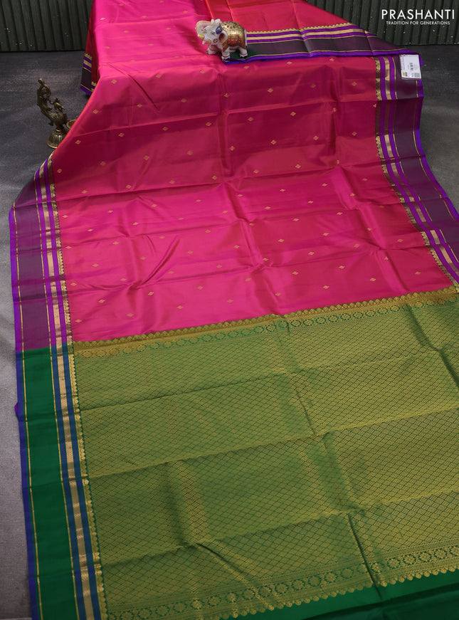 Pure kanchipuram silk saree dual shade of pink and green with zari woven buttas and rettapet zari woven border