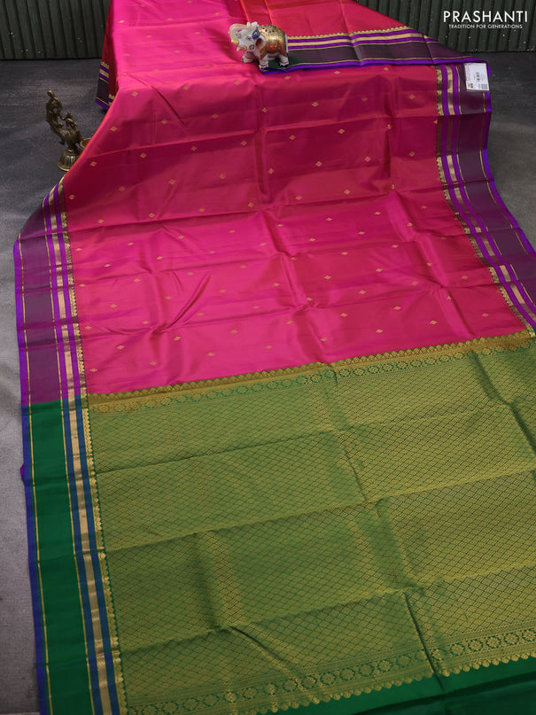 Pure kanchipuram silk saree dual shade of pink and green with zari woven buttas and rettapet zari woven border