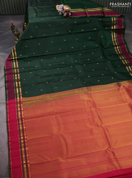 Pure kanchipuram silk saree bottle green and dark pink with zari woven buttas and rettapet zari woven border