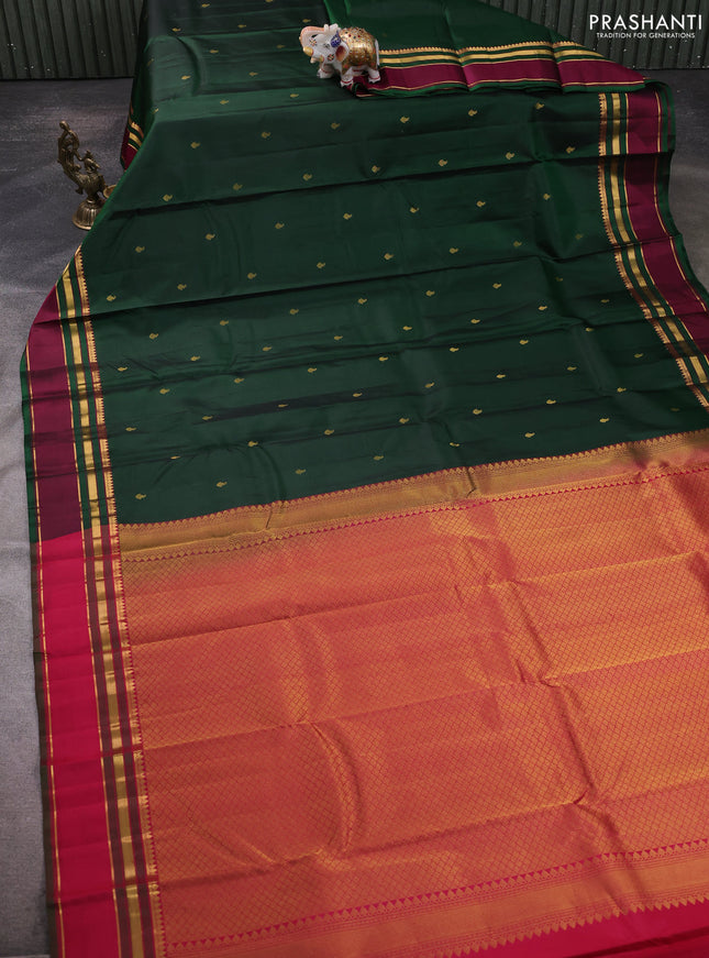 Pure kanchipuram silk saree bottle green and dark pink with zari woven buttas and rettapet zari woven border