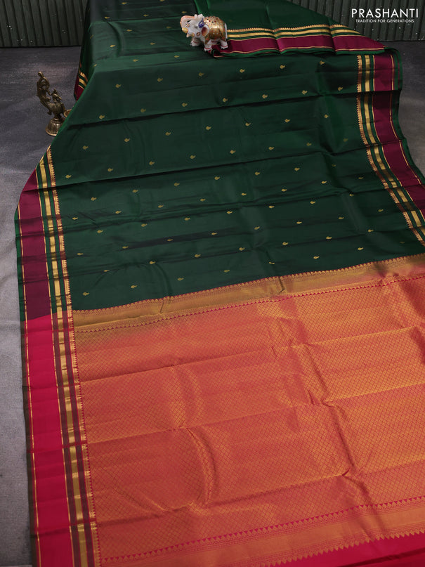 Pure kanchipuram silk saree bottle green and dark pink with zari woven buttas and rettapet zari woven border