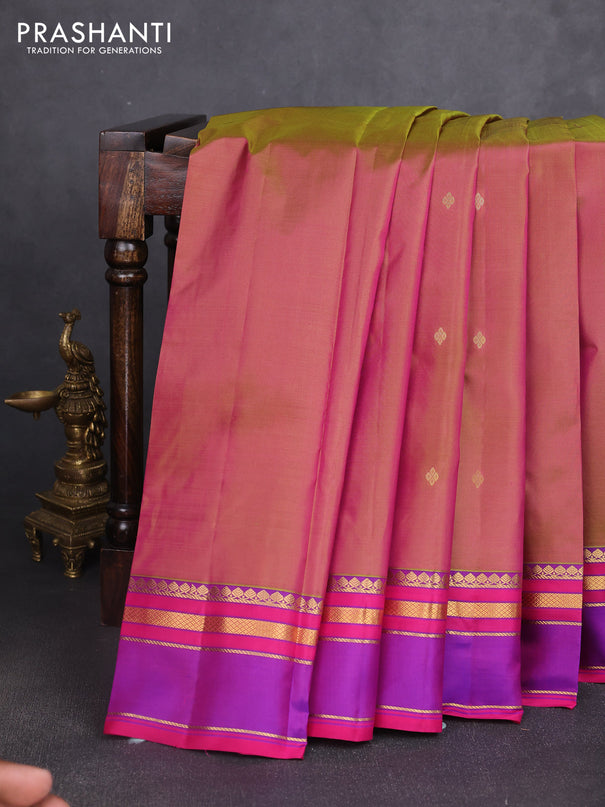 Pure kanchipuram silk saree dual shade of pinkish green and purple with zari woven buttas and rettapet zari woven border
