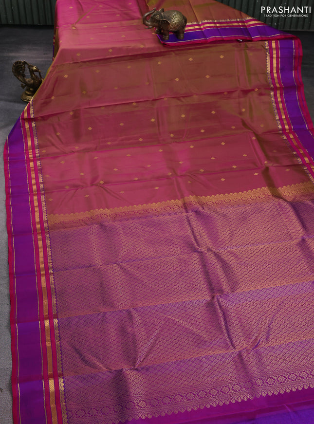 Pure kanchipuram silk saree dual shade of pinkish green and purple with zari woven buttas and rettapet zari woven border