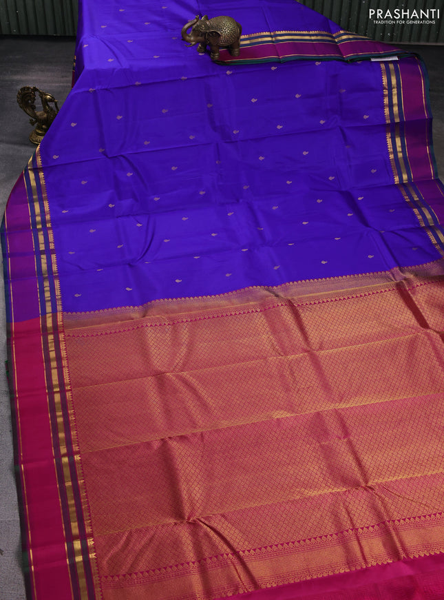 Pure kanchipuram silk saree royal blue and dark pink with zari woven buttas and rettapet zari woven border