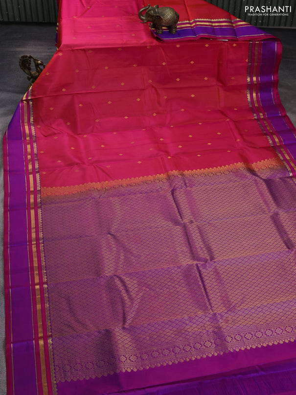 Pure kanchipuram silk saree pink and purple with zari woven buttas and rettapet zari woven border