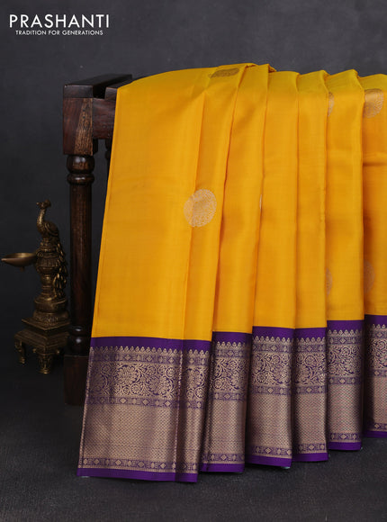 Pure kanchipuram silk saree yellow and violet with zari woven buttas and rich zari woven korvai border