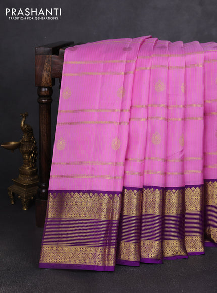 Pure kanchipuram silk saree lotus pink and violet with allover zari stripe & buttas and rich zari woven korvai border