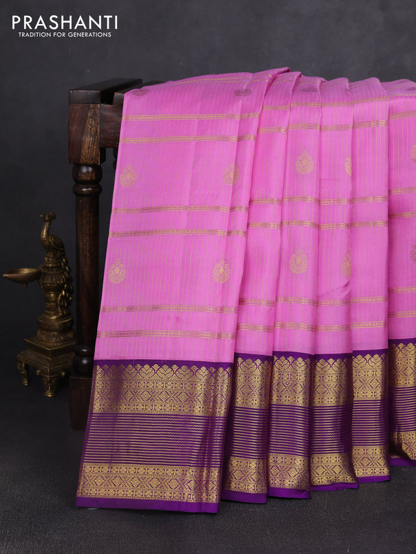 Pure kanchipuram silk saree lotus pink and violet with allover zari stripe & buttas and rich zari woven korvai border