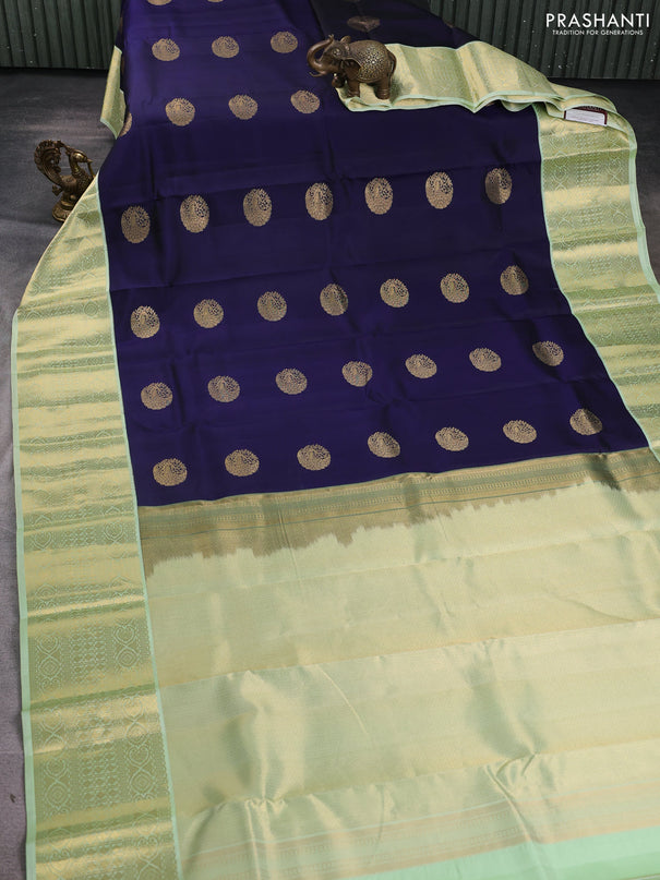 Pure kanchipuram silk saree navy blue and pista green with zari woven buttas and long zari woven korvai border