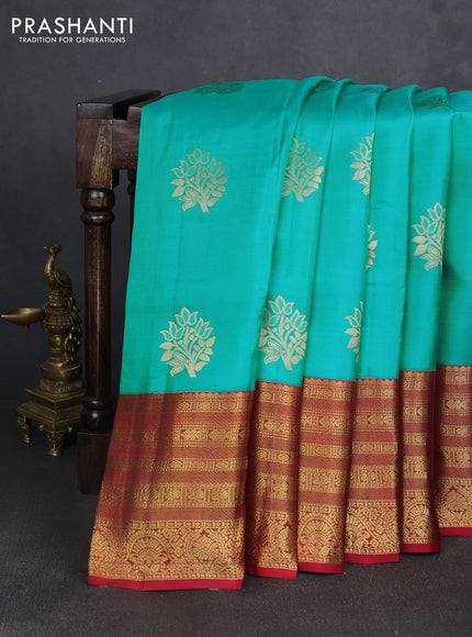 Pure kanchipuram silk saree teal blue and red with zari woven buttas and long zari woven korvai border