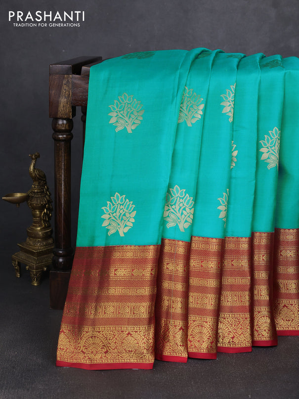 Pure kanchipuram silk saree teal blue and red with zari woven buttas and long zari woven korvai border
